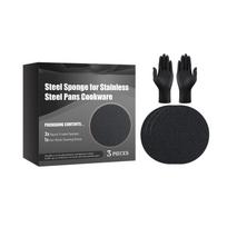 Steel Sponge for Stainless Steel Pans Cookware 3 Pieces Round Frosted Sponges with 1 Pair Black Cleaning Gloves Durable Kitchen Scrubber Tool One Size