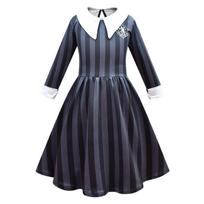 Girls Long Sleeve Mid-Length Dress with Peter Pan Collar Striped Pattern Cosplay Costume Dress for Kids 130