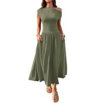Summer Solid One Shoulder Sexy High Waist Long Dress With Pockets For Women Cross-border Europe USA S armijos žalia spalva