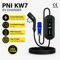 Nešiojamas vienfazis elektromobilio įkroviklis, 7.4kW, 32A, 2 tipas, 5 kontaktų IEC62196, IP66, krep