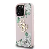 GUESS PU Grained Roses 4G Metal Logo Phone Case for iPhone 16 Pro, Pink