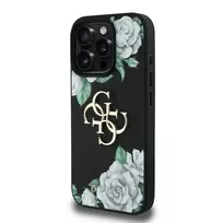 GUESS PU Grained Roses 4G Metal Logo Phone Case for iPhone 16 Pro, Black