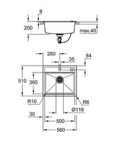 Grohe akmens masės plautuvė K700, 560x510 mm, granito juoda spalva