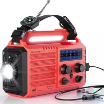 Mesqool Nešiojamas avarinis radijas su saulės įkrovimu, LED žibintuvėliu, AM/FM/SW, 5000 mAh akumuliatoriumi, rankenėle ir SOS signalu, modelis 1009-Rot