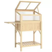 Medinis paaukštintas daržo lysvės modulis su sulankstomu šiltnamio antstatu, augalų dėžė su šiltnamiu, šoninis staliukas, laikymo skyrius, natūrali mediena