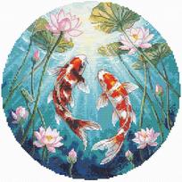 Kryželių siuvinėjimo rinkinys „Karpiai ir lotosai“ 21,5×21,5 cm, 37 spalvos