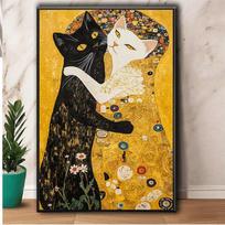 Klimt Inspired Black White Cat Poster Printing Polyester Wall Home Decoration Suitable Office Perfect Gift Curtain For Made Of W100*H70(CM)-Hooks&2PCS