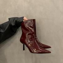 Women Sexy Pointy Patent Leather Ankle Boots Spring Autumn New Solid Color Stretch Slip on Booties Woman High Heels Skinny Boots 35
