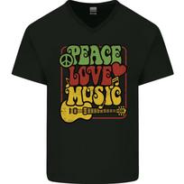 Peace Love Music Guitar Hippy Flower Power Mens VNeck Cotton T-shirt XXXL