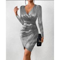 IHUASU Spring Autumn Sexy Bag Hip Fashion V-neck Slit Solid Color Dress Woman S