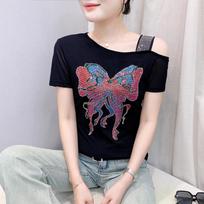 New Skew Collar Hot Diamonds Women T-shirt Sexy Off The Shoulder Tops Shirts Fashion Girl Short Sleeved Slim Tees M