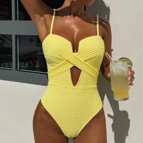 Sexy Yellow Swimwear Women Hollow Out Cross Slim Tummy Control One Piece Swimsuit Beach Backless Bathing Suit Monokini S