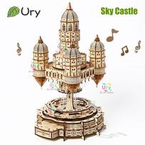 3D Wooden Puzzle House Royal Electric Rotating Sky Castle With Light Assembly Toy For Adult DIY Model Decoration for Gifts beige