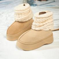 Thick Bottom Warm Faux Fur Snow Boots Women 2025 Winter Knitted Leg Covers Flat Heel Ankle Boots Sweet Non Slip Winter Shoes 36-37 chaki