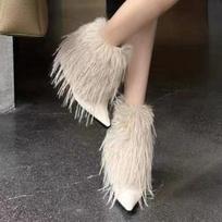Fur Ankle Boots for Women Pointed Toe Designer Shoes High Heels Winter Boots 2025 Luxury Pumps Dress Sexy Botas Mujer 35 smėlis