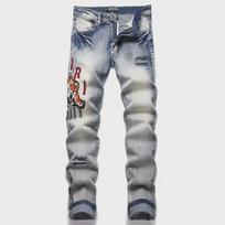 Retro mėlyni siauri vyriški džinsai su tigro siuvinėtu ženkleliu 2XL mėlyna