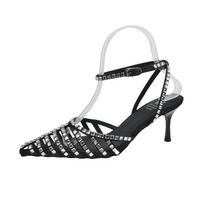 Black Sexy Rhinestone High Heels Summer New Thin Heel Hollow Breathable Bun Head Sandals Woman 35