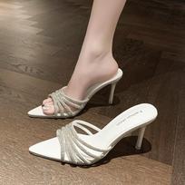 Sexy High Heels Slipper Women Summer CRYSTAL Narrow Band Pointed Toe Slides Stripper Party Sandal Mule Shoes 35