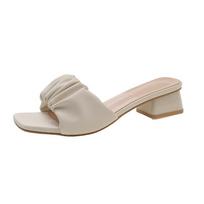 Summer New Sexy Square Head Pleated Simple Versatile Large Slippers for Women Comfortable High Heels for Women's 35