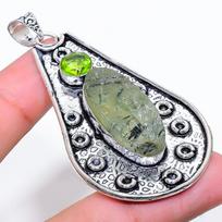 Natural Prehnite, Peridot Gemstone 925 Sterling Silver Pendant 2.76  u7c34