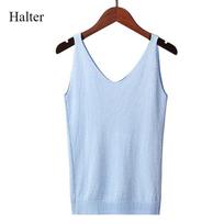 Halter Women Summer Sexy V-neck Slim Bright Silk Knit Vest Wearing Sleeveless Bottom Top Trend Fresh Multi-color T-shirt average size