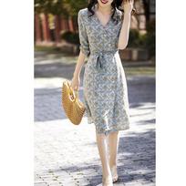 High-End Floral Mulberry Silk Mid-Length Dress S dangaus mėlyna spalva
