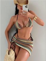 New seaside vacation bikini swimsuit three-piece sexy babes striped straps split swimsuit S