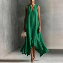 Sleeveless V Neck High Low Hem Midi Dress for Women Loose Fit Flowy Summer Casual Elegant Party Wear L žalia