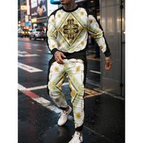 Retro  trendy 3D printed sports shirts sports pants long pants men's round neck sports and fitness sets casual street wear S