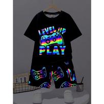 Tween Boys' Casual And Trendy Night Light Game Console Printed Short Sleeve T-Shirt And Shorts Knitted Set 140 white