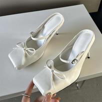 Eilyken Spring Bowknot Square Toe Women Slippers Sexy Buckle Strap Thin High Heels Prom Mule Pumps Shoes Zapatos De Mujer 35