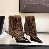 Comemore Autumn Winter Pointed Sexy Leopard Print Fur Boots for Women Padded Warm Temperament High-heeled Short Bota Feminina 35