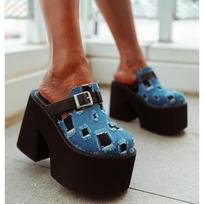 Women High Heel Shoes Sexy Slippers Thick-heeled Denim Ripped Toe Head Slippers Height Increasing Toe Shoes Plus Size 35-43 35