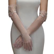 Handmade Beading Wedding Mittens Elegant Tulle Gloves Vintage Pearl Gloves  Evening Party balta
