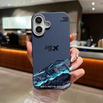 Airplane Mountain Print Shockproof Slim Case For iPhone 16 15 Pro Max 14 Pro 13 12 11 Leather Texture TPU Soft Matte Phone Cover iPhone 16 mėlyna
