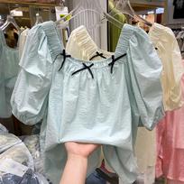 Women's Cream Puff Sleeve Blouse Square Neck Bow Detail Loose Casual Top L mėlyna