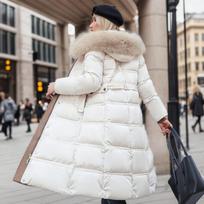 Moteriška striukė su gobtuvu, paminkštinta, plona, ​​prigludusi didelė kailinė apykaklė Laisva šilta kailinė apykaklė virš kelio Parkai ir stori paltai Moteriški žieminiai viršutiniai drabužiai M