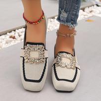 Autumn new large-size women's flat shoes fly-woven one-pedal square-head rhinestone breathable single shoes wholesale 36