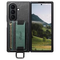 Wholesale For Samsung Galaxy Z Fold7 Suteni H13 Oil Wax Leather Wrist Strap Wallet Back Phone Case juoda