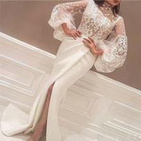 Fall New European American Women's Fashion, Sexy Round Neck Puff Sleeve Slit Dress for Independent Station, Wholesale S