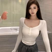 Pure Lust Hottie Style Sexy Low-neck Black Long-sleeved Women's Spring and Autumn Slim-fitting High-waist Navel-baring Short Top for Winter S