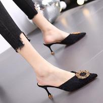 Women's Mules Slippers and Ladies Sandals Sexy Heeled Rhenstone Shoes Summer Sale Clappers Unique Non Slip Casual Pvc on Slides 34
