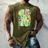 Mens Sleeveless Tank Top with Retro Pattern Loose Fit Breathable Muscle Shirt for Summer Sports Streetwear Casual Daily Wear L armijos žalia spalva