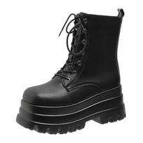 Fashion New Sexy Chain Women Leather Autumn Boots Block Heel Gothic Black Punk Style 8.5CM Platform Shoes Female Footwear High Quality 35