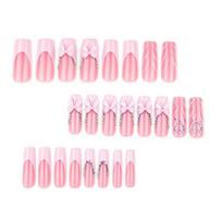 24Pcs Long French Tip Press on Nails 3D Pink Bow Rhinestone