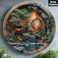 Vintažinis japoniškas sodas tvenkinys metalo sienos menas baro dekoras skardos ženklas gray