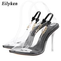 Transparent Pumps Women Sexy Pointed Toe Chain Design Crystal Stiletto High Heels Wedding Ladies Dress Shoes 35