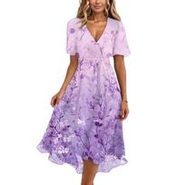 Women’s V Neck Short Sleeve Midi Dress with Floral Print and Waist Tie Elegant Flowing Hem Casual Style XL