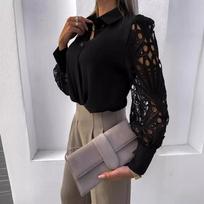 White Sexy Lace Hollow Out Women Blouse Autumn Spring Black Top Vintage Button Up Shirts Long Sleeve Tops S