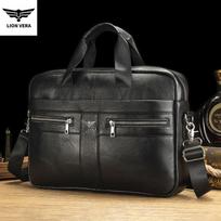 Men Top Grain Leather 16 Inch Laptop Bag Luxury Business Crossbody Briefcase juoda